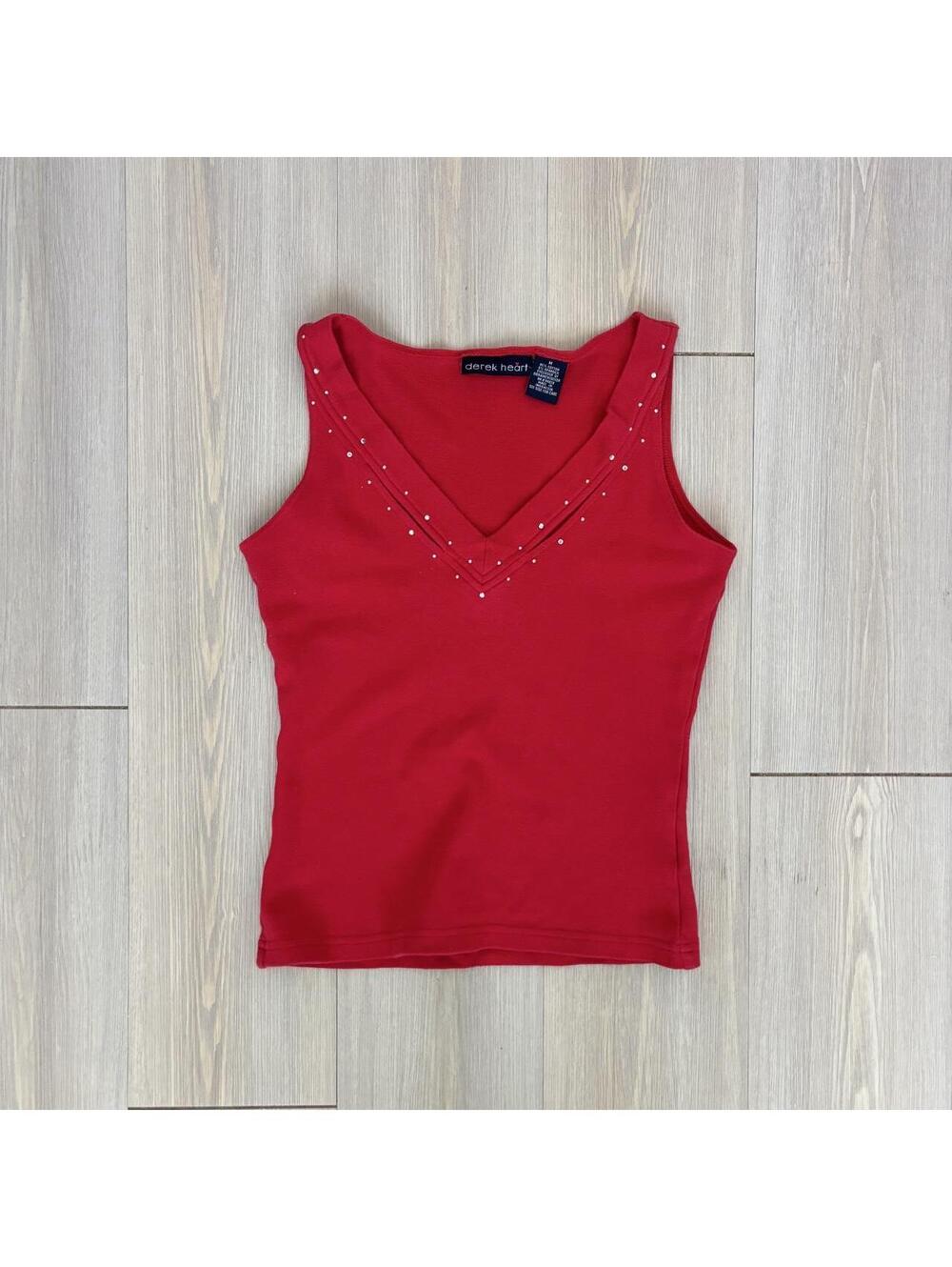 Vintage Derek Heart Red Rhinestone V Neck Tank Top Size Medium Y2K